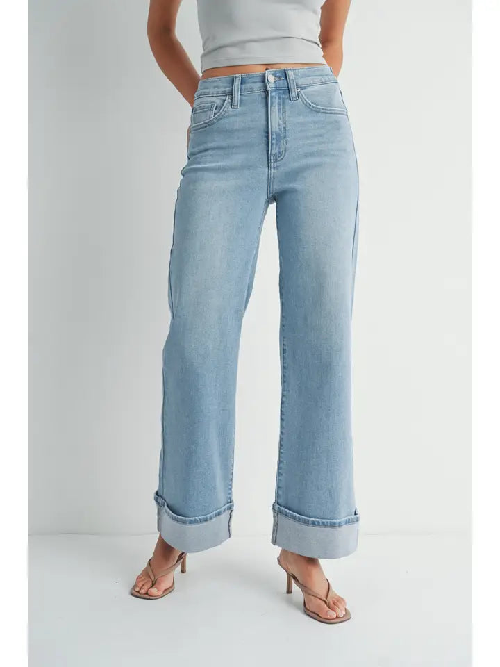 Cuffed Palazzo Denim Jeans – Light Denim