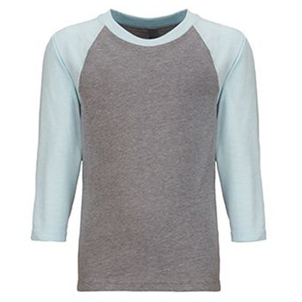 Next Level Youth Ice Blue/Dark Heather Grey CVC 3/4-Sleeve Raglan Tee