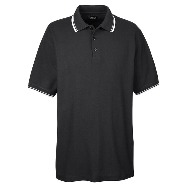 UltraClub Men’s Black/White Short-Sleeve Whisper Pique Polo with Tipped Collar and Cuffs