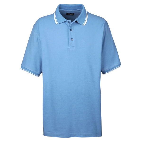 UltraClub Men’s Cornflower/White Short-Sleeve Whisper Pique Polo with Tipped Collar and Cuffs