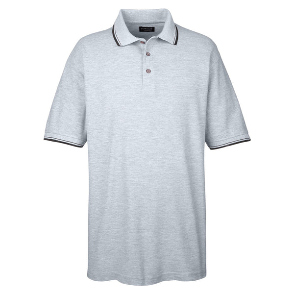 UltraClub Men’s Heather/Black Short-Sleeve Whisper Pique Polo with Tipped Collar and Cuffs