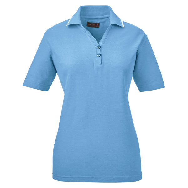 UltraClub Women’s Cornflower/White Short-Sleeve Whisper Pique Polo with Tipped Collar