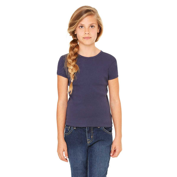 Bella + Canvas Girl’s Navy Stretch Rib Short-Sleeve T-Shirt