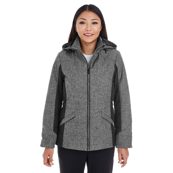 Devon & Jones Women’s Dark Grey Heather/Black Midtown Insulated Fabric-block Jacket with Crosshatch Melange