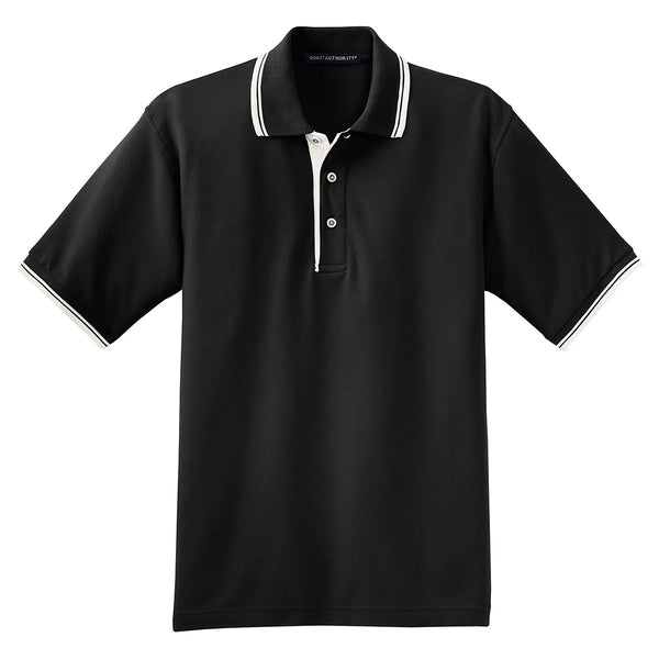 Port Authority Men’s Black/Winter White Silk Touch Polo with Stripe Trim