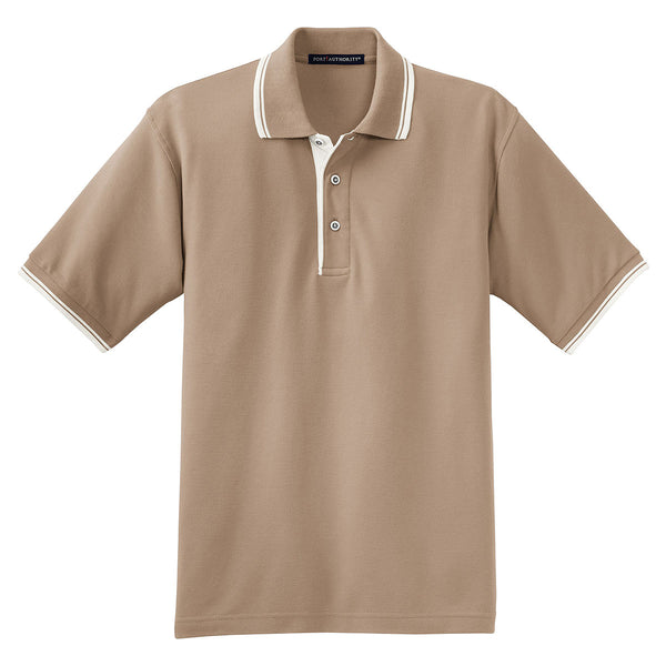 Port Authority Men’s Light Brown/Winter White Silk Touch Polo with Stripe Trim