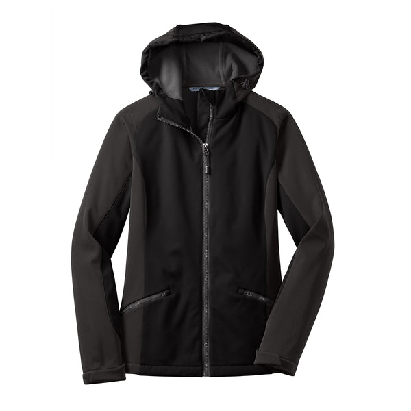 Port Authority Women’s Black/Deep Grey Gradient Hooded Soft Shell Jacket