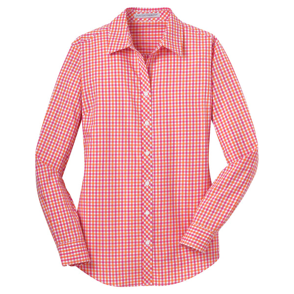 Port Authority Women’s Tangerine/Pink Long Sleeve Gingham Easy Care Shirt