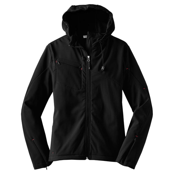 Port Authority Women’s Black/Engine Red Textured Hooded Soft Shell Jacket