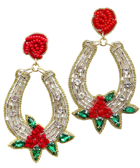 Beaded Horseshoe Earrings – Silver + Red