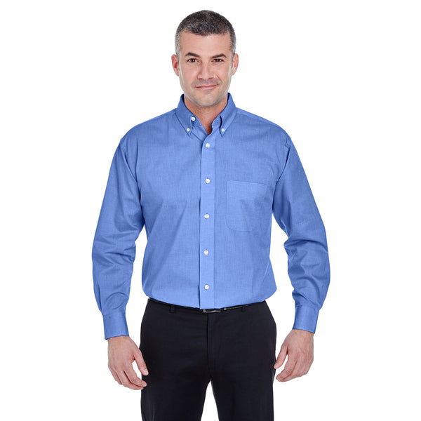 UltraClub Men’s French Blue Long-Sleeve Performance Pinpoint