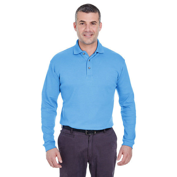 UltraClub Men’s Cornflower Egyptian Interlock Long-Sleeve Polo