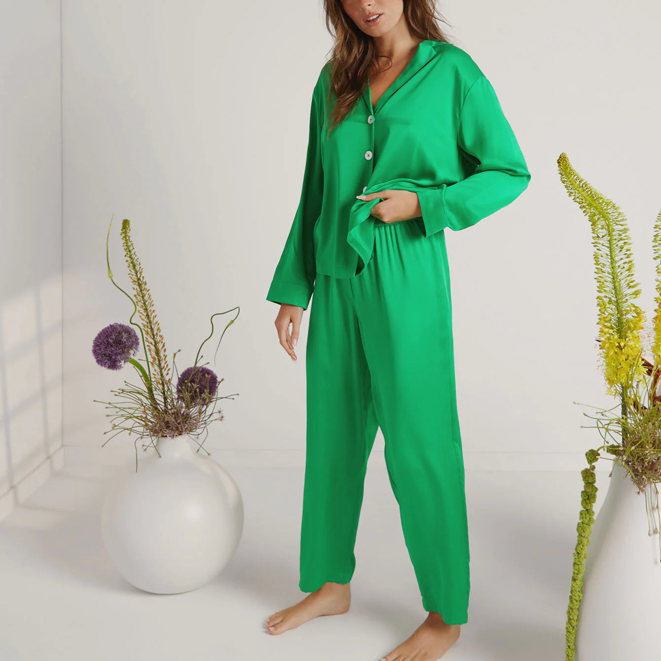 Lunya – Washable Silk Long Sleeve Pant Set – Glade Green