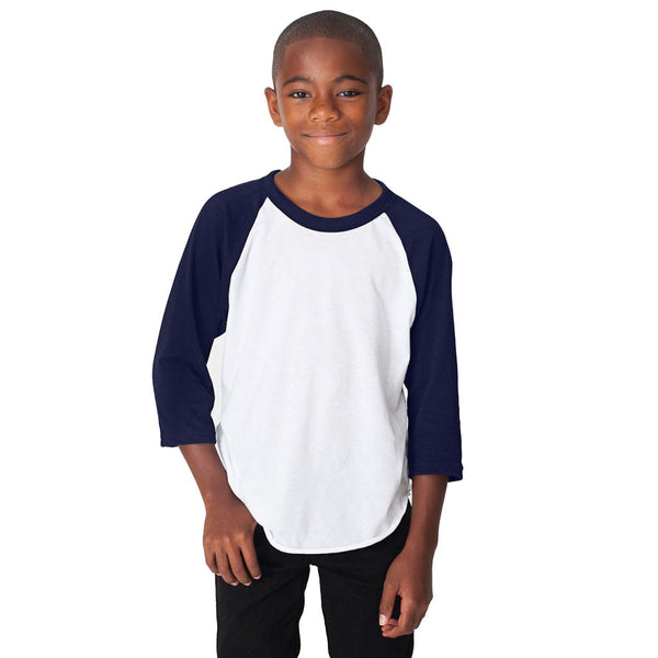 American Apparel Youth White/Navy Poly-Cotton 3/4 Sleeve Raglan