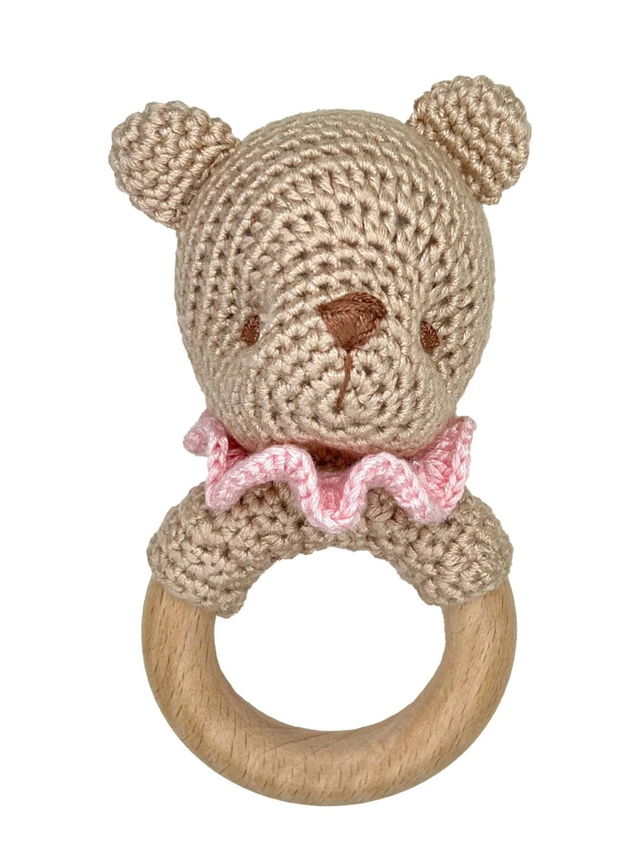 Bear Bamboo Crochet Wood Ring Rattle – Pink