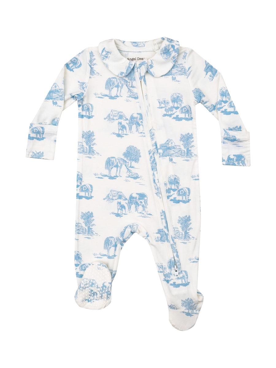 2 Way Zipper Footie-Blue Farm Toile